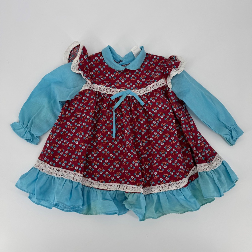 Vintage Floral Toddler Dress Red Blue Lace Trim‎ Ruffle Hem 3T Style 2708/1 USA